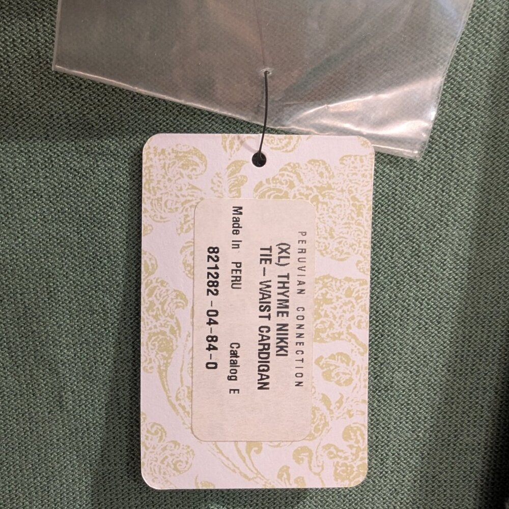 PERUVIAN CONNECTION Nwt Nikki Tie Waist Cardigan XL Green Thyme Pima Cotton - Picture 8 of 10